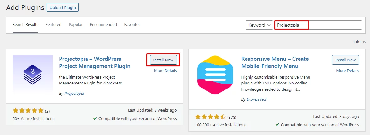Installing Projectopia through WorPress Site Dashboard