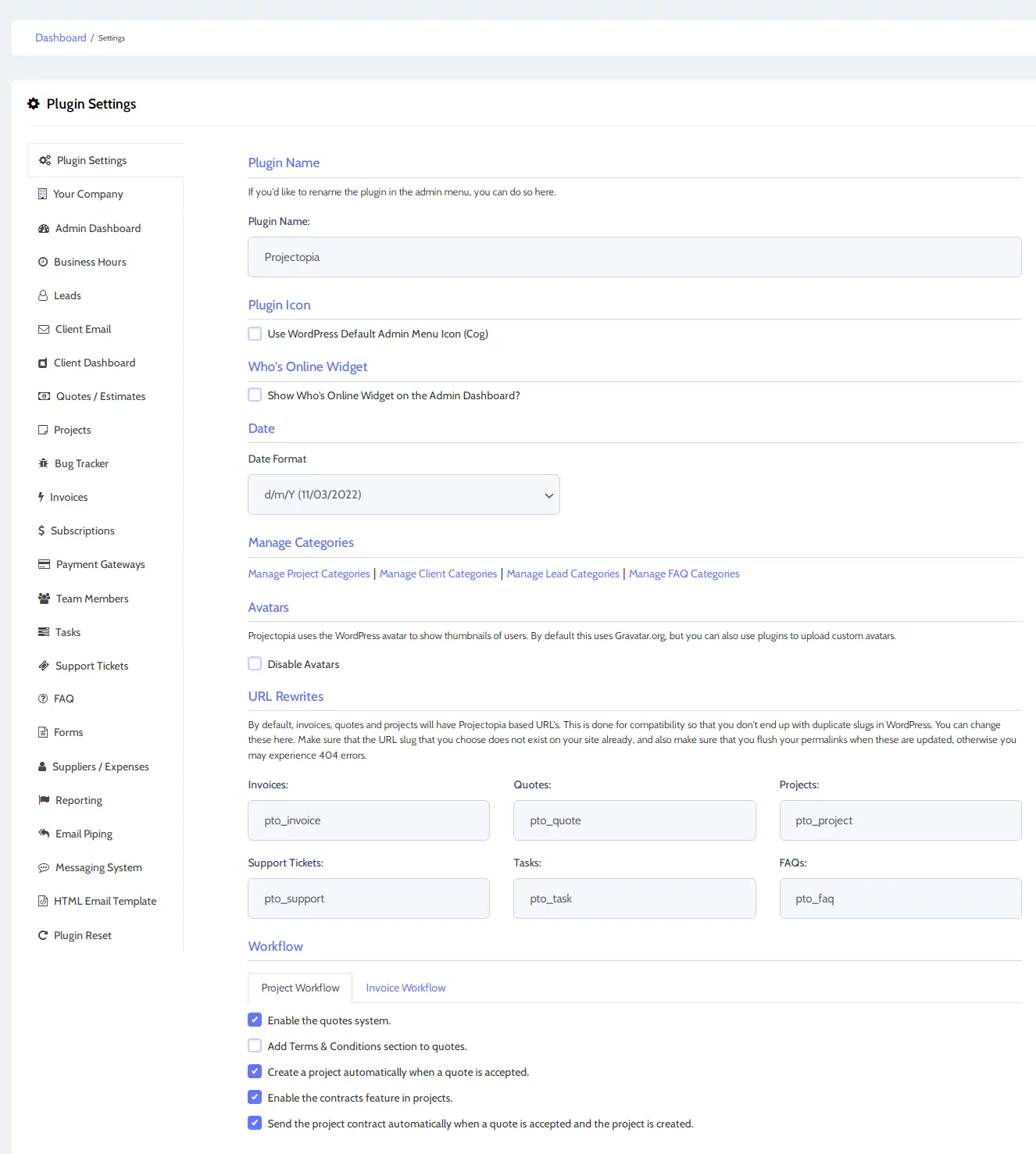 Projectopia Plugin Settings