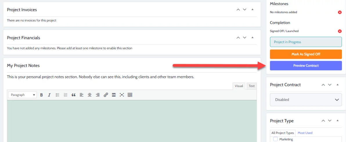 Best Ways to Use Projectopia for Marketing Agencies - Previewing and Sending a Contract